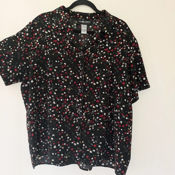 Vintage Sag Harbor Black Floral Button Up Collared Top sz 1X 90s Casual - Picture 3 of 8